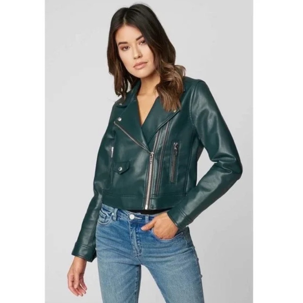 Blank NYC Dark Green Overachiever Faux Leather Moto Jacket Size XS